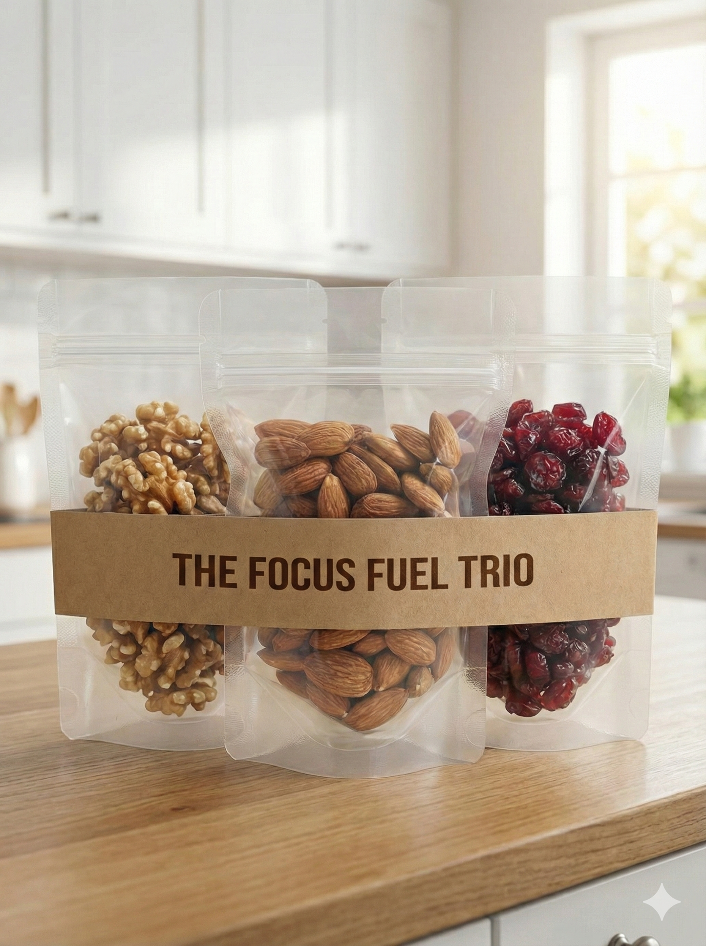 Habbitree Focus Fuel Trio with walnuts, almonds and dried cranberries in separate 100g packs for office and workday snacking