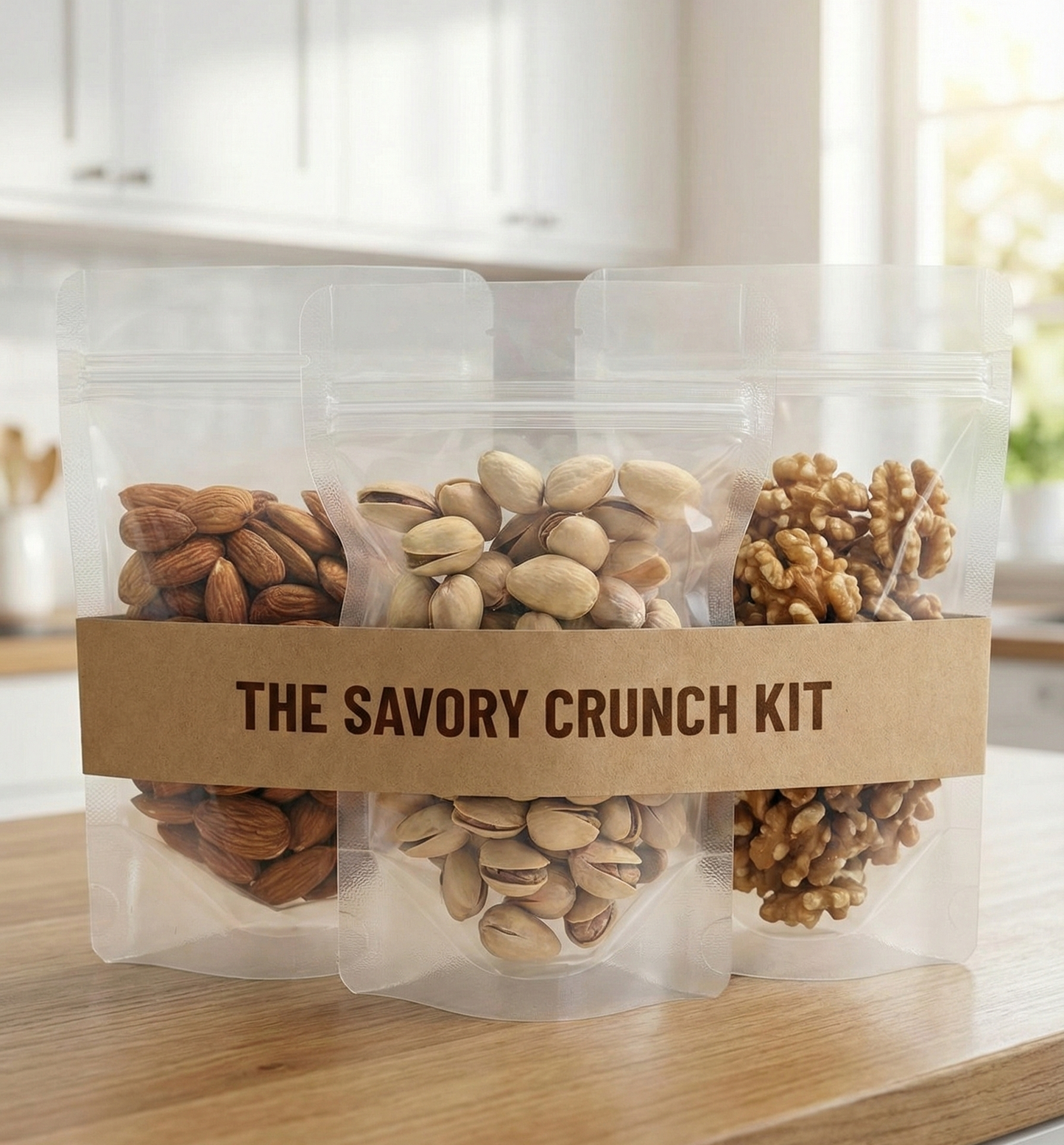 Habbitree Savory Crunch Kit with almonds, pistachios and walnuts in separate 100g packs for party and evening snacking