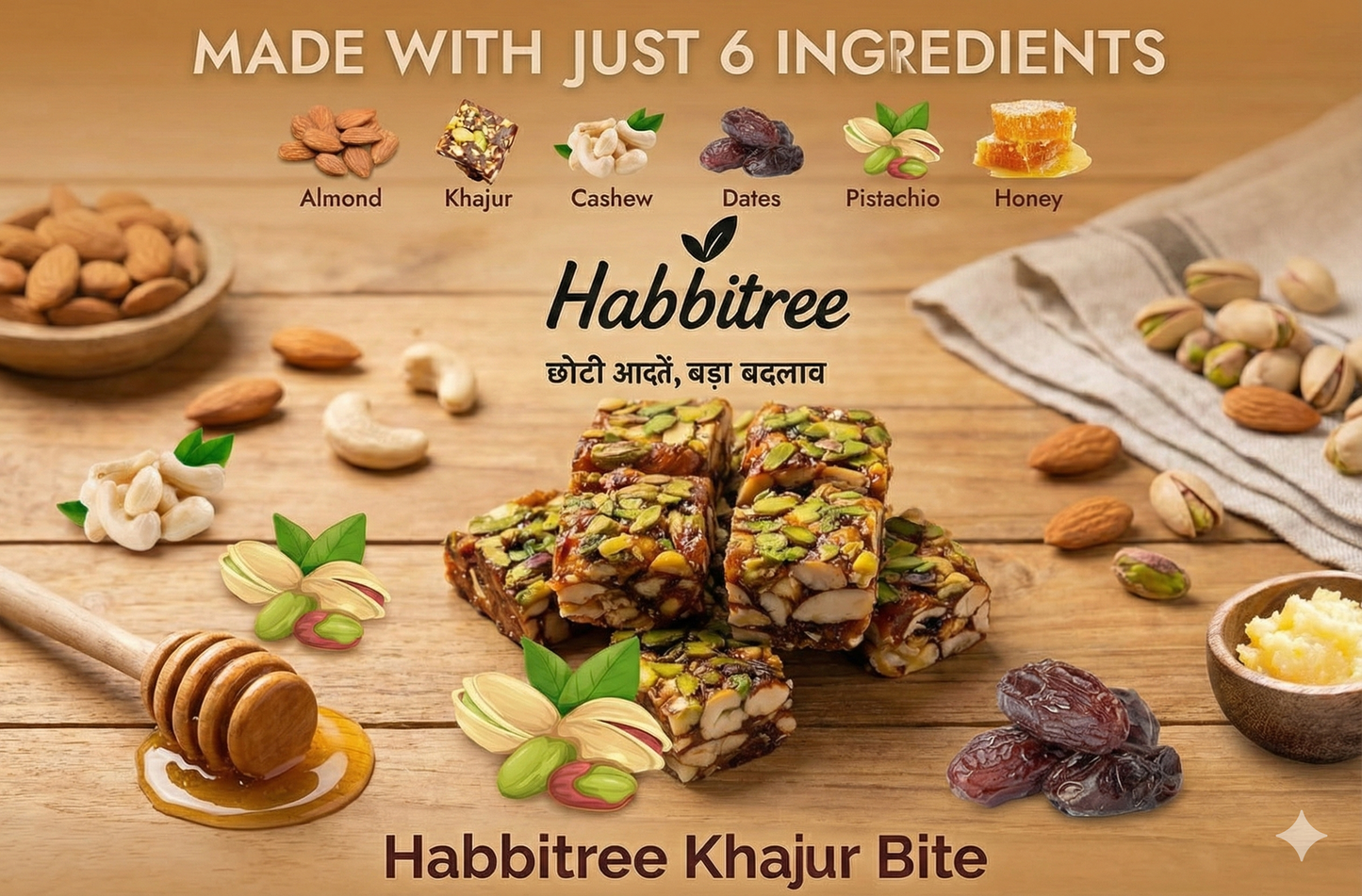 A stack of Habbitree Khajur Bite squares made from almonds, cashews, pistachios, dates, honey, and ghee, with a hand picking one piece; displayed on a plate with ingredient icons below.