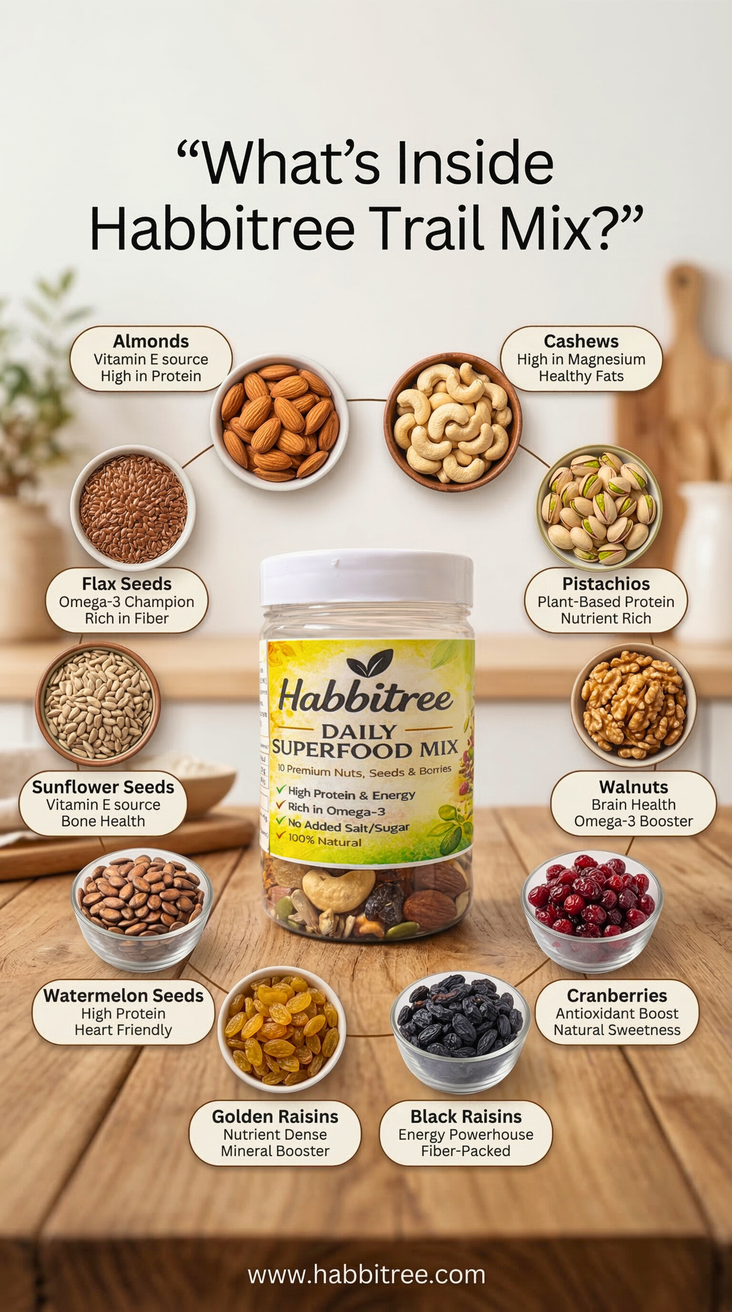 Habbitree Trail Mix with ingredients listed on a wooden surface