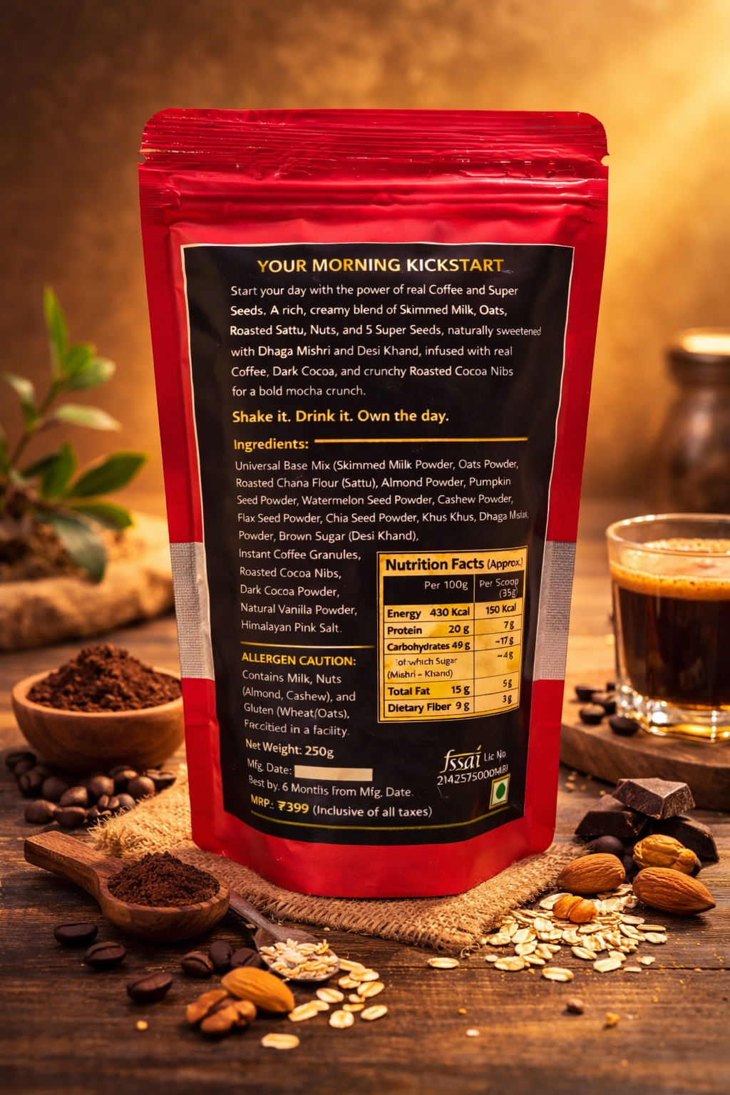 Back view of Habbitree Everyday Protein Espresso Crunch pouch showing nutrition facts, ingredients, protein content, and FSSAI details for healthy coffee flavored breakfast protein mix.