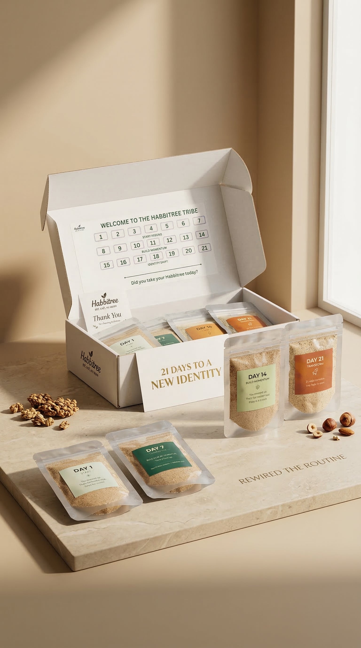 Tea box with various tea packages on a wooden surface