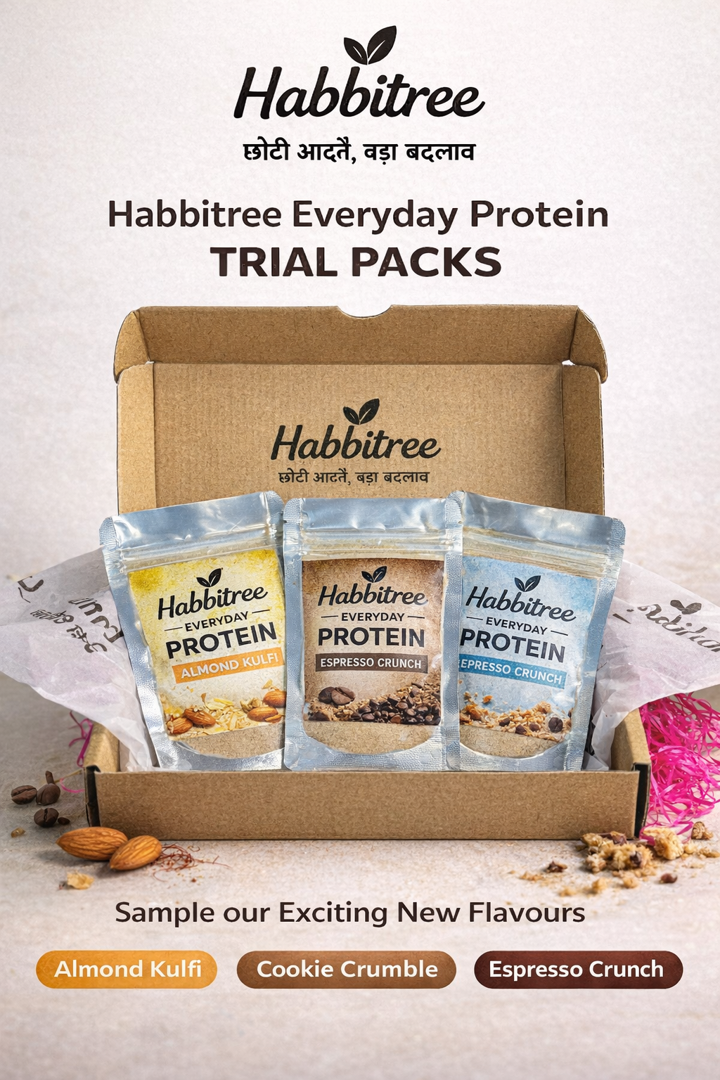Habbitree Everyday Protein trial pack containing Almond Kulfi, Cookie Crumble and Espresso Crunch 35g sachets in an eco-friendly box