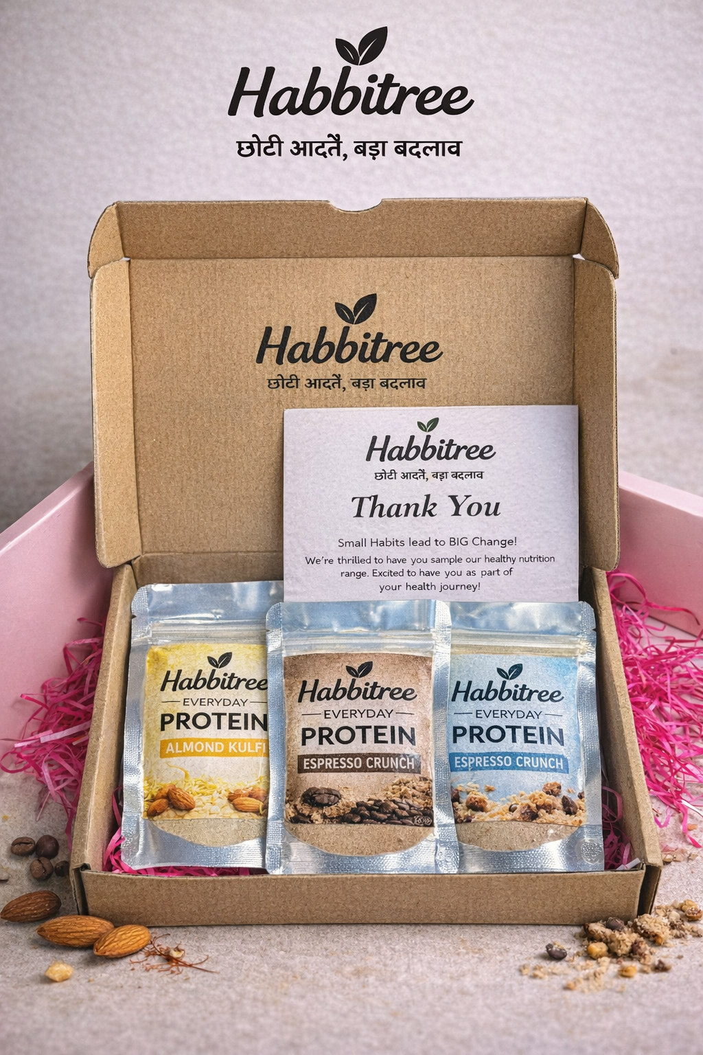 Habbitree Everyday Protein trial pack box with three flavour sachets Almond Kulfi, Cookie Crumble and Espresso Crunch