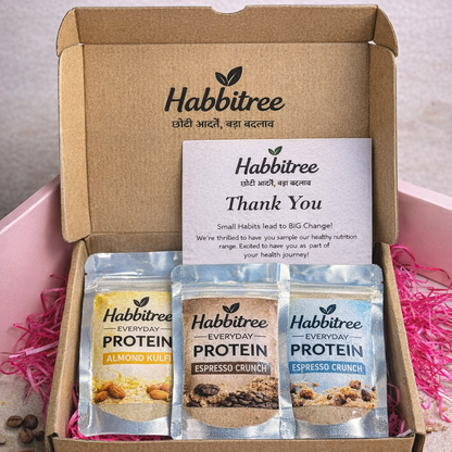 Habbitree Everyday Protein trial pack box with three flavour sachets Almond Kulfi, Cookie Crumble and Espresso Crunch