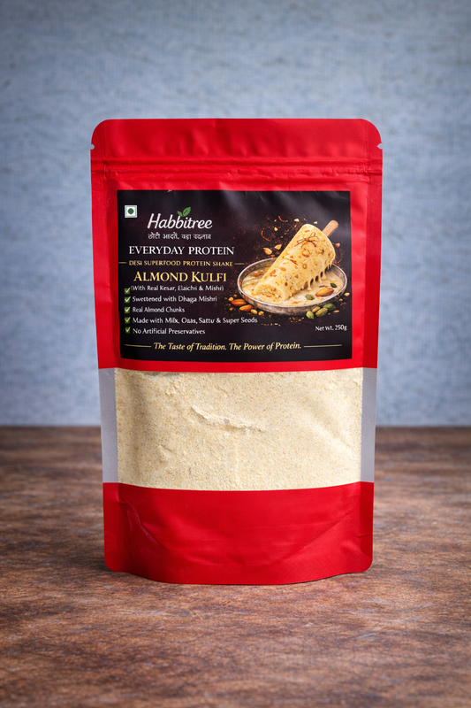 Habbitree Everyday Protein Almond Kulfi flavour pouch with kulfi image and transparent window showing protein powder