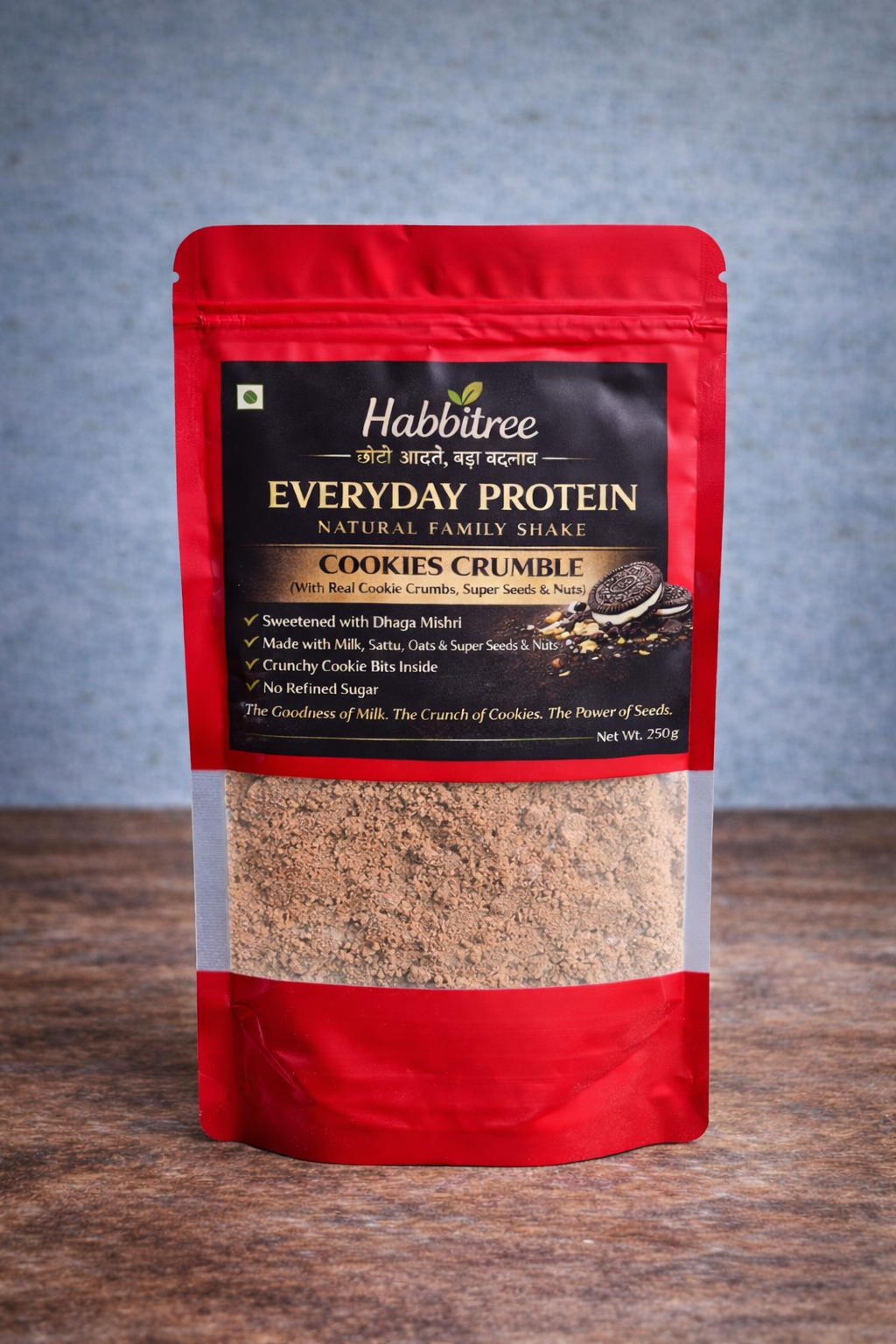 Habbitree Everyday Protein Cookies Crumble flavour pouch with transparent window showing protein powder and cookie bits