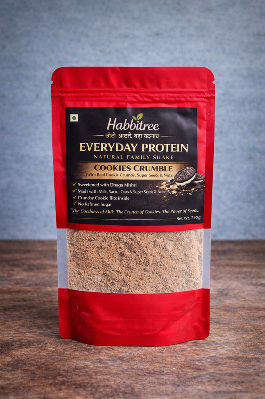 Habbitree Everyday Protein Cookies Crumble flavour pouch with transparent window showing protein powder and cookie bits