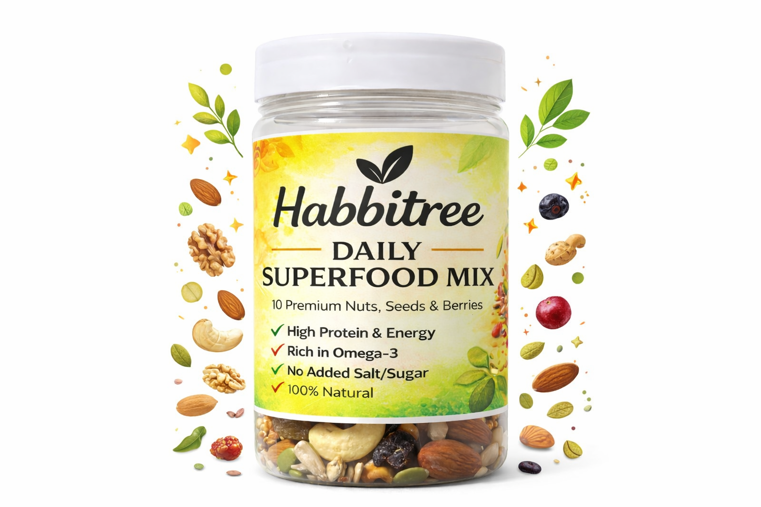 Habitree Daily Superfood Mix trail mix jar in wide-angle view, showing a clear container filled with nuts, seeds, and berries, with decorative floating almonds, walnuts, and green leaves on a white background.