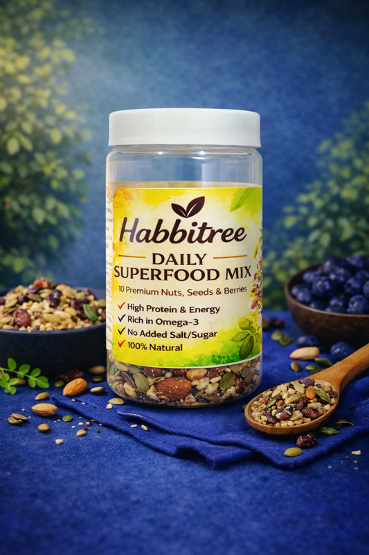 Habbitree Daily Superfood Mix jar with premium nuts, seeds and berries – high protein omega 3 rich healthy snack with no added sugar India
