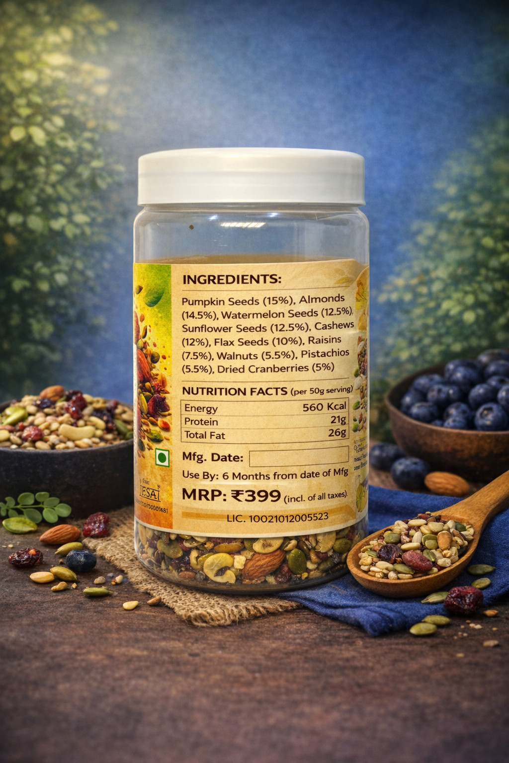 Habbitree Daily Superfood Mix ingredients and nutrition facts label showing almonds, pumpkin seeds, flax seeds and omega 3 rich nuts blend India