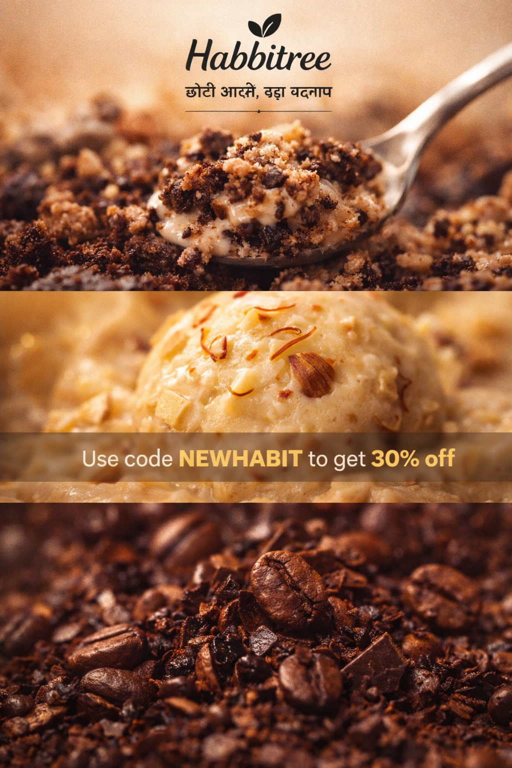 Close-up of coffee grounds with a spoonful of coffee, featuring Habbitree branding and a discount offer.