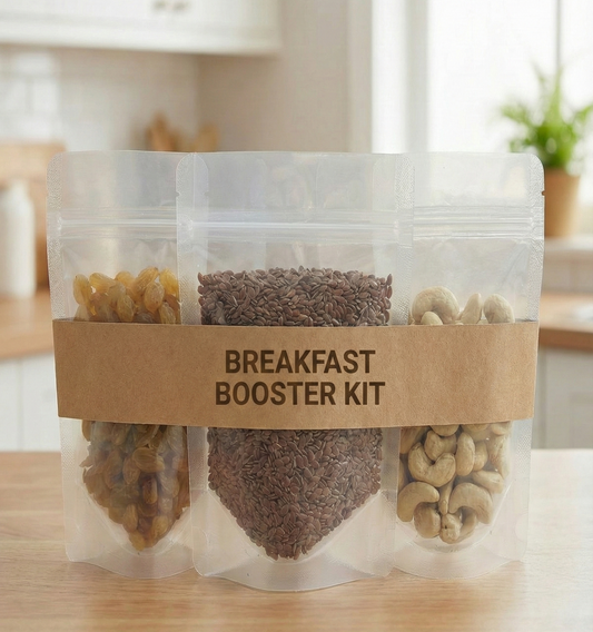 Habbitree Breakfast Booster Kit with flax seeds, raisins and cashews in separate 100g packs for healthy breakfast toppings