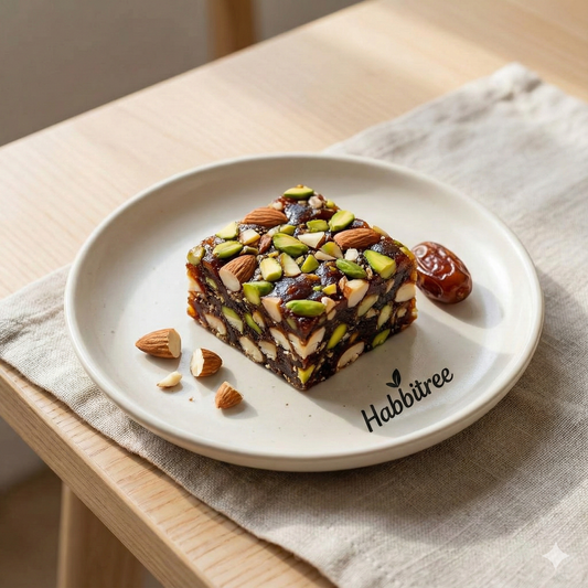 A single square of Habbitree Khajur Bite served on a white plate with almonds and a date placed beside it, showcasing the rich nut-and-date texture.