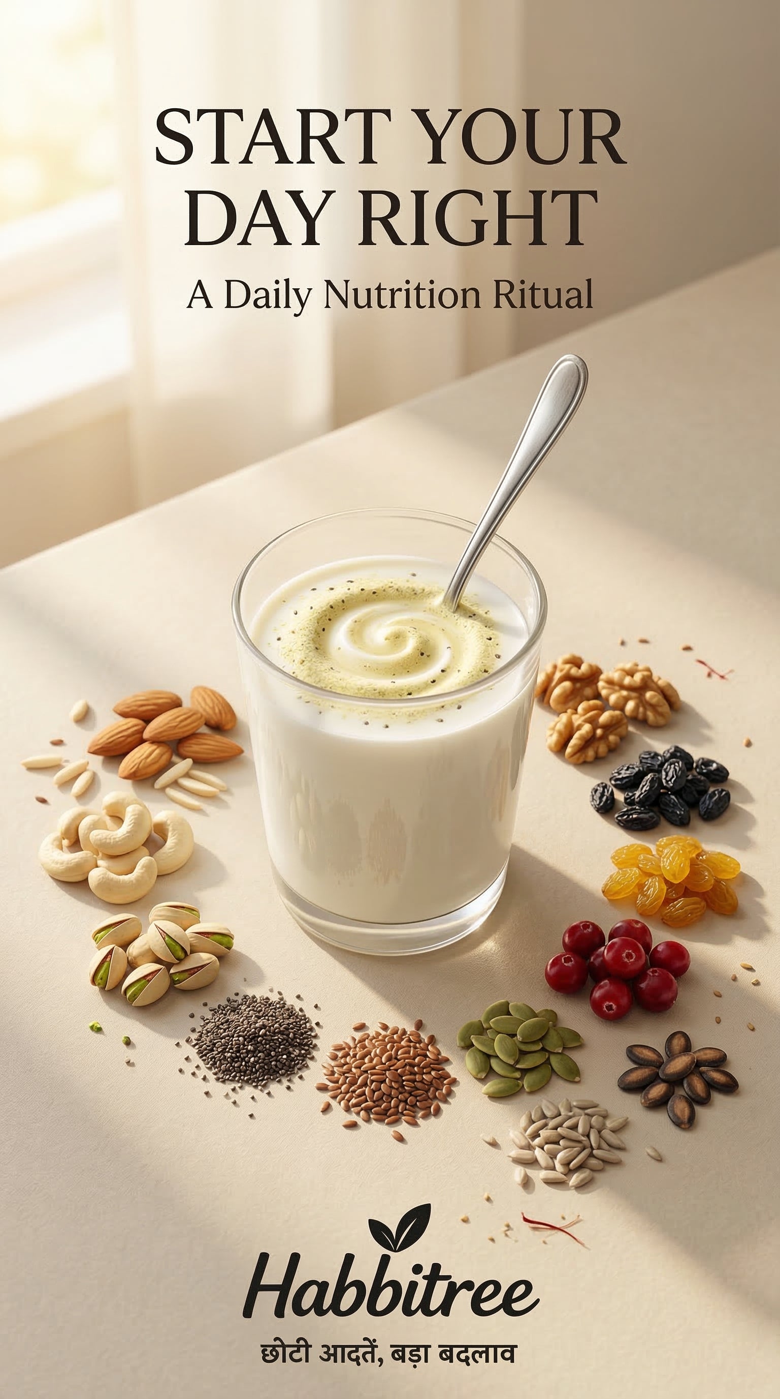 Glass of milk with a spoon, surrounded by nuts and fruits on a light surface, with 'Habbitree' branding.