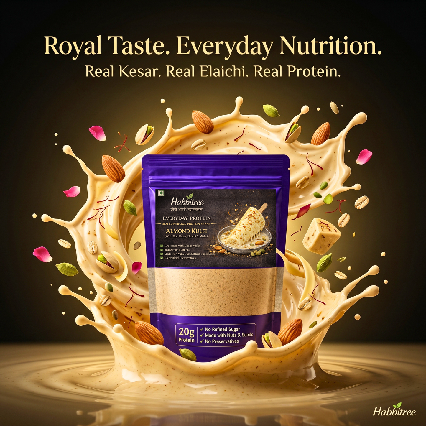 Habbitree Almond Kulfi Everyday Protein splash image with real kesar, elaichi, almonds and creamy kulfi-inspired protein shake