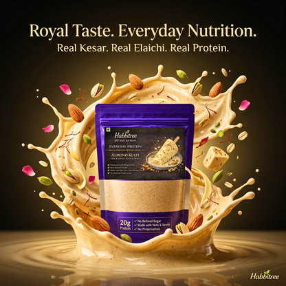 Habbitree Almond Kulfi Everyday Protein splash image with real kesar, elaichi, almonds and creamy kulfi-inspired protein shake