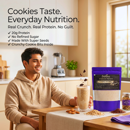 "Young man enjoying Habbitree Cookies Crumble everyday protein shake for healthy daily nutrition"