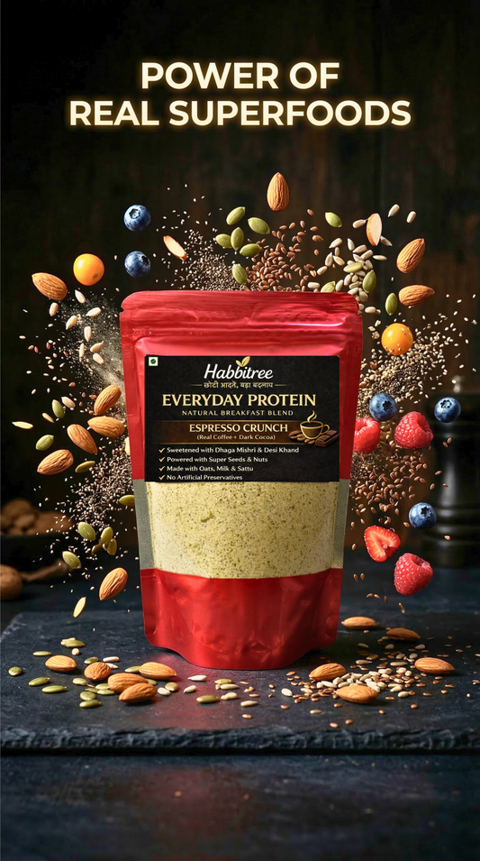 Habitree Everyday Protein package with superfoods on a dark background