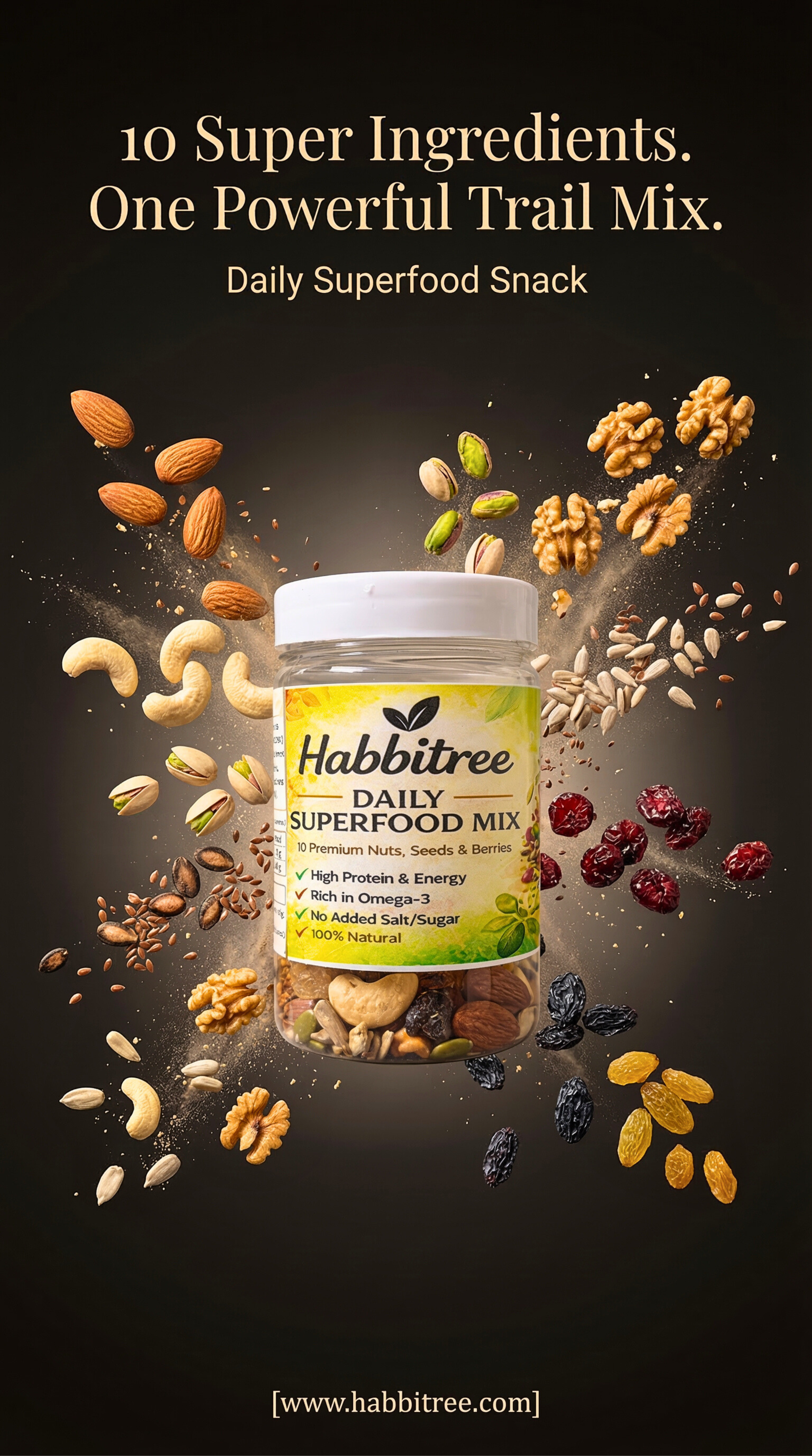 Habbitree Daily Superfood Mix container with superingredients on a dark background