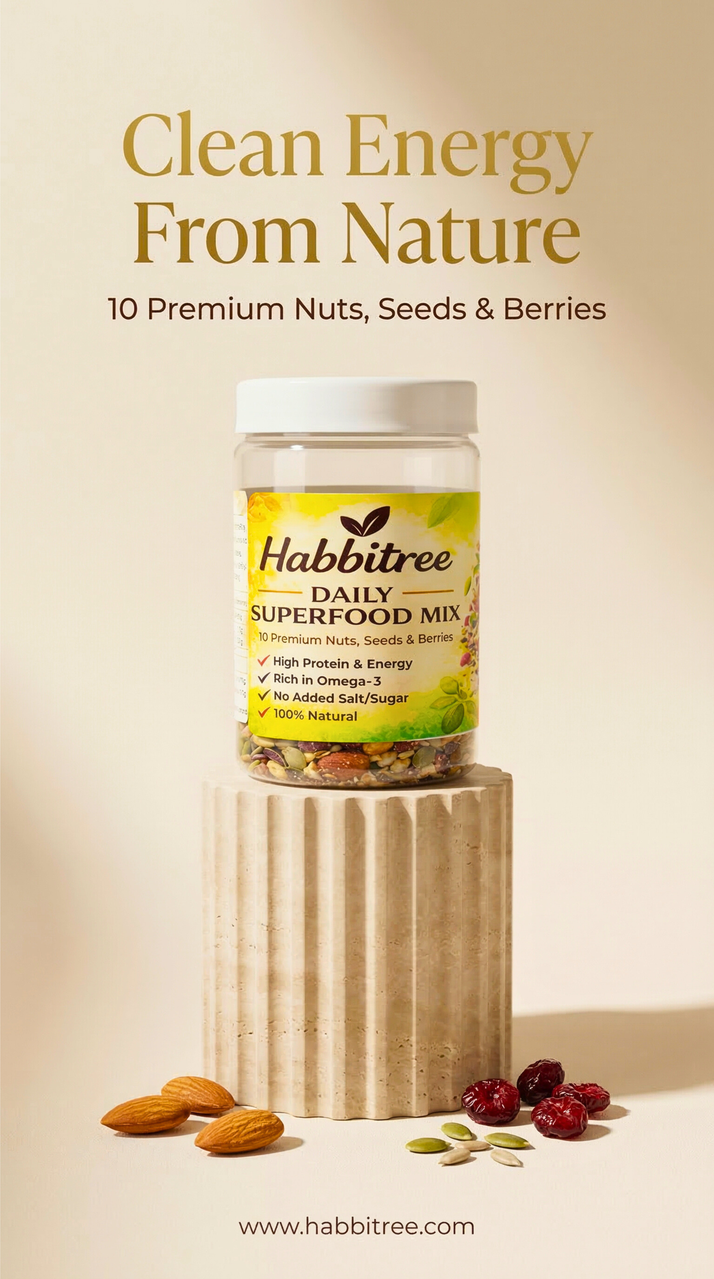 Habbitree Daily Superfood Mix jar with nuts and berries on a beige background