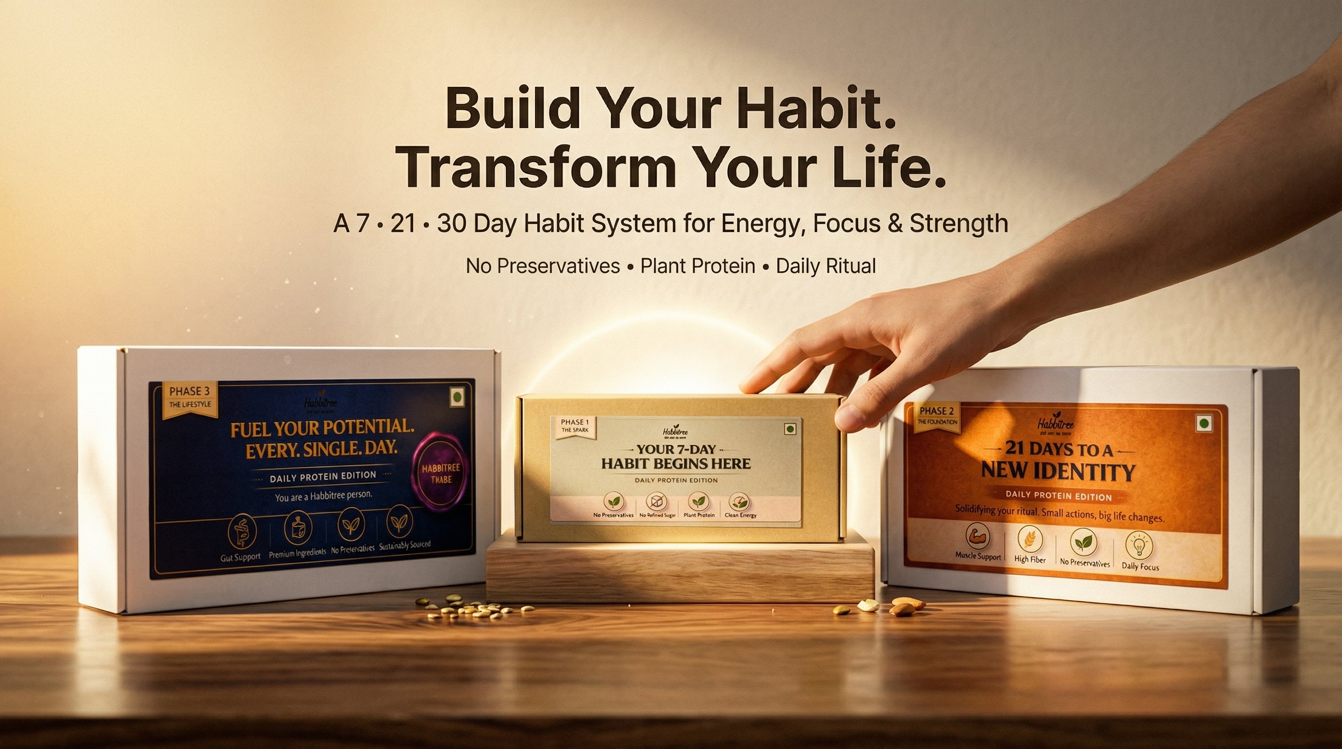 “Habbitree 3-phase habit system with daily protein boxes designed for 7, 21, and 30 day nutrition routine”