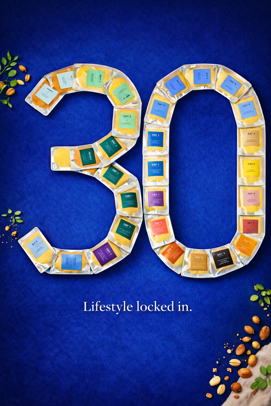 Habbitree 30 day habit transformation protein pack arranged in number 30 shape on blue background – daily plant protein lifestyle program India