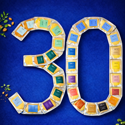 Habbitree 30 day habit transformation protein pack arranged in number 30 shape on blue background – daily plant protein lifestyle program India