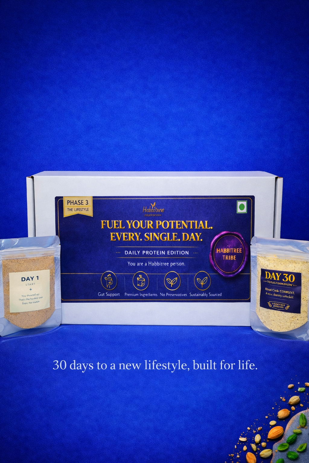 Habbitree 30 Day Daily Protein Edition box with Day 1 and Day 30 pouches on blue background – plant protein habit building transformation pack India