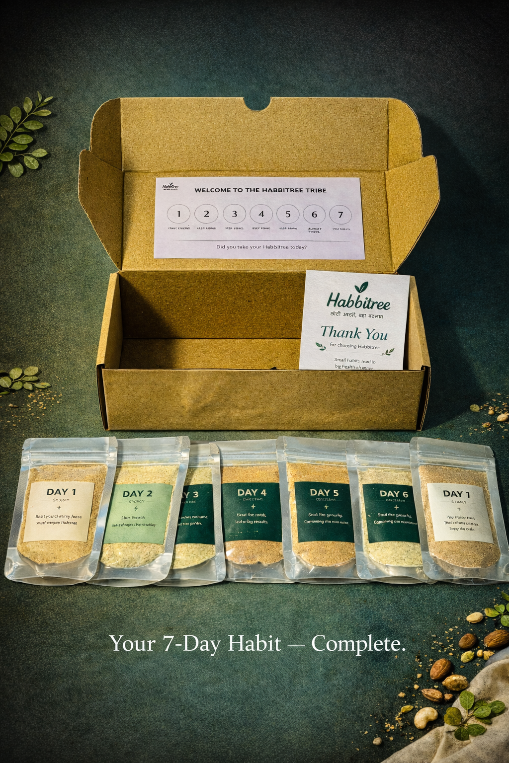 Habbitree 7 Day Protein Challenge Kit with Day 1 to Day 7 Sachets, Habit Tracker Inside Box, Plant-Based Protein for Daily Nutrition and Healthy Routine Building