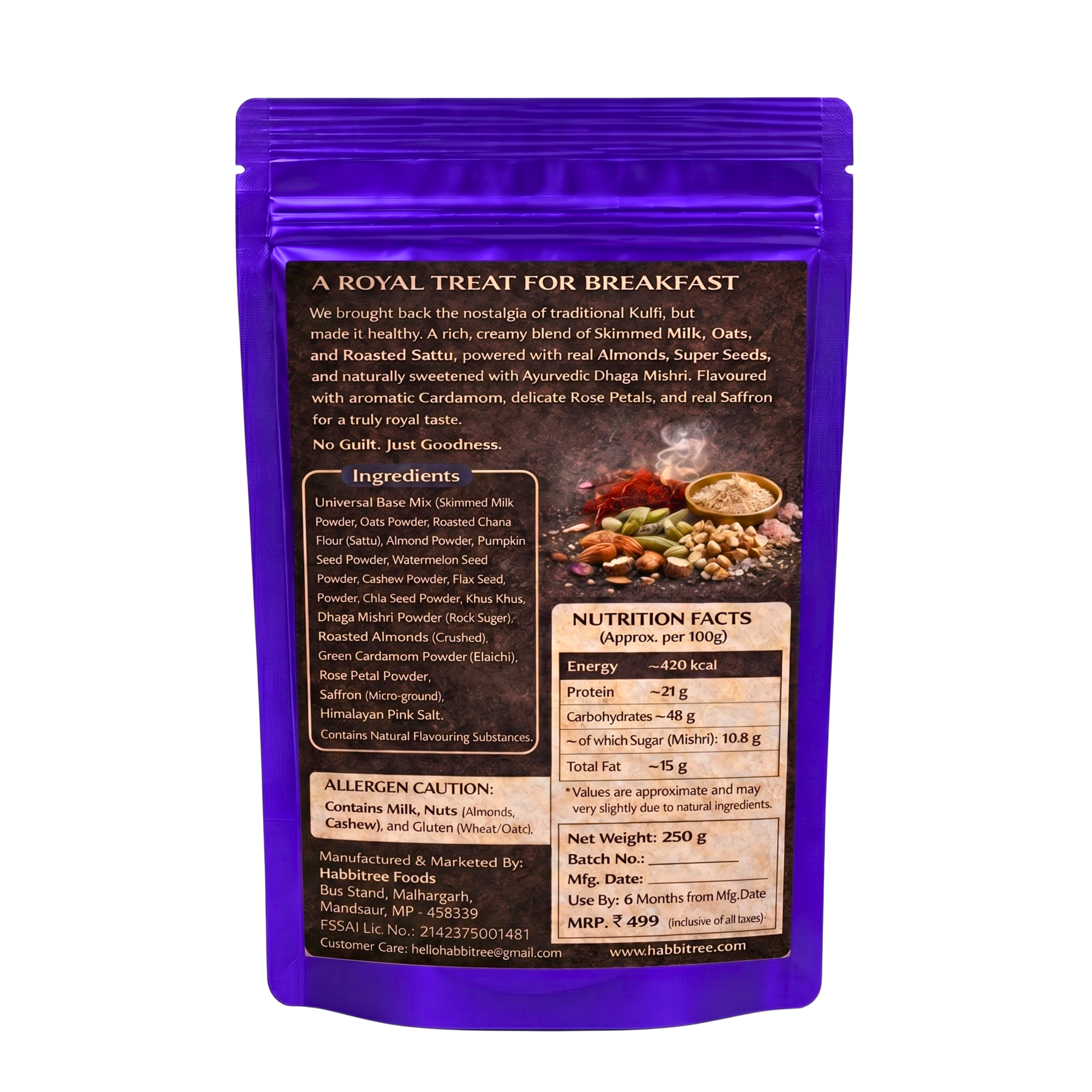 Back side packaging of Habbitree Almond Kulfi Everyday Protein showing ingredients, nutrition facts, allergen information and product details