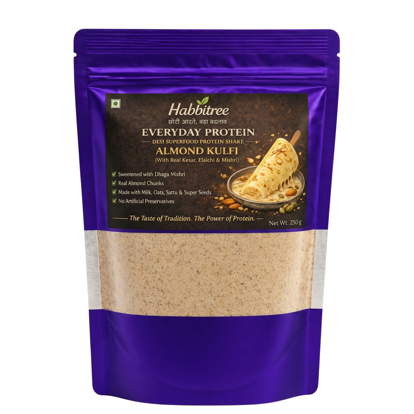 Front pack shot of Habbitree Everyday Protein Almond Kulfi with real kesar, elaichi, mishri, oats, sattu and super seeds protein blend