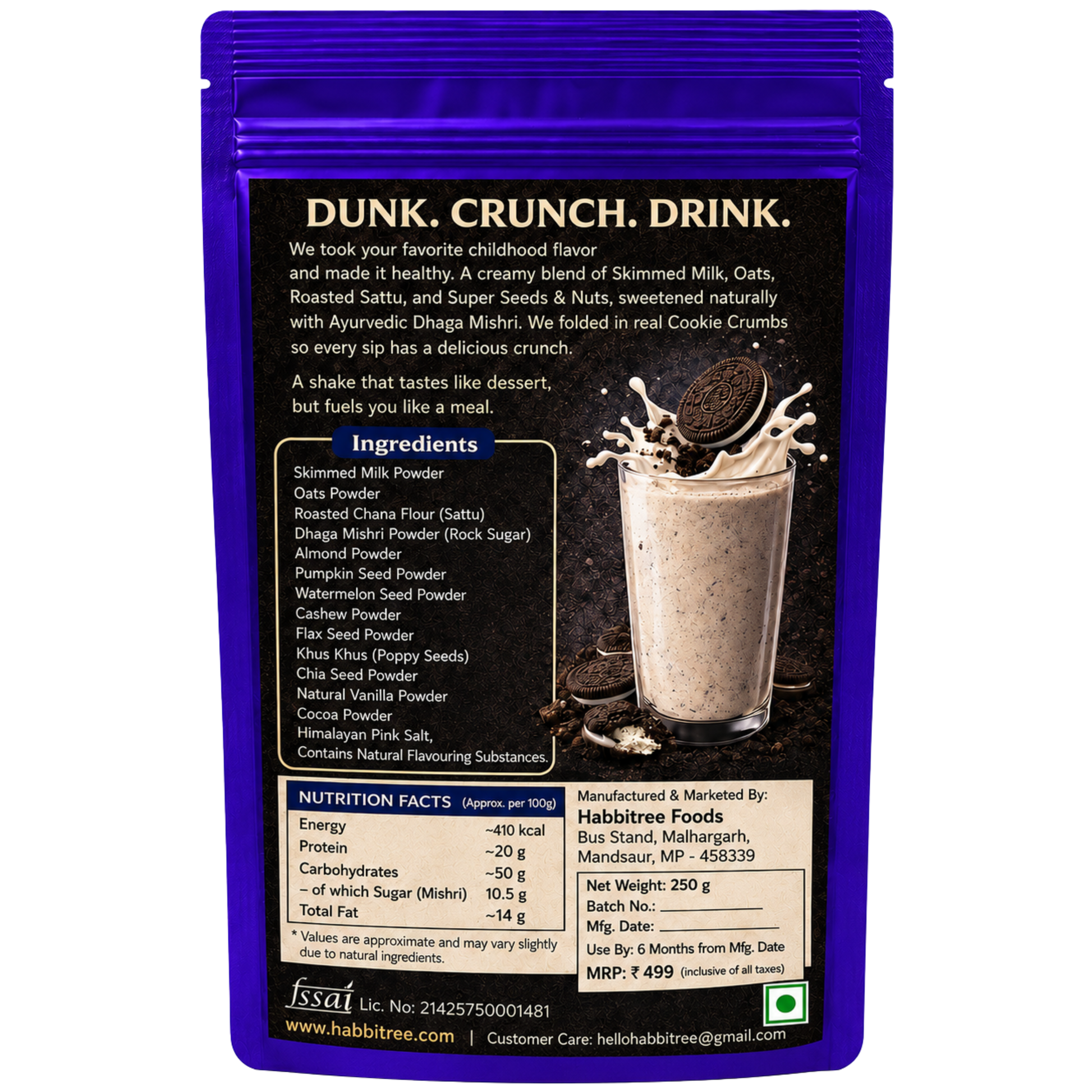 "Back side packaging of Habbitree Cookies Crumble protein shake showing ingredients, nutrition facts and preparation details"