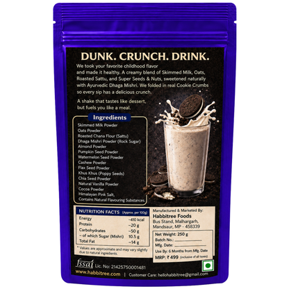 "Back side packaging of Habbitree Cookies Crumble protein shake showing ingredients, nutrition facts and preparation details"