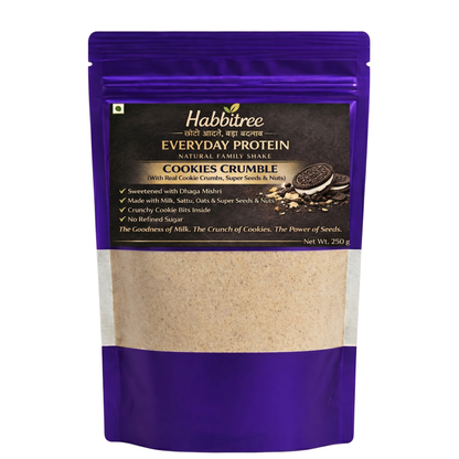"Front packaging of Habbitree Everyday Protein Cookies Crumble natural family shake with crunchy cookie bits"
