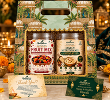 Habbitree Premium Duo Diwali Gift Hamper in an ornate sage green and gold gift box with two 250 g jars, greeting cards and a wrapped complimentary gift