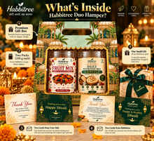 What's inside the Habbitree Duo Diwali hamper: two 250 g products of choice, premium gift box, greeting cards and one wrapped complimentary gift