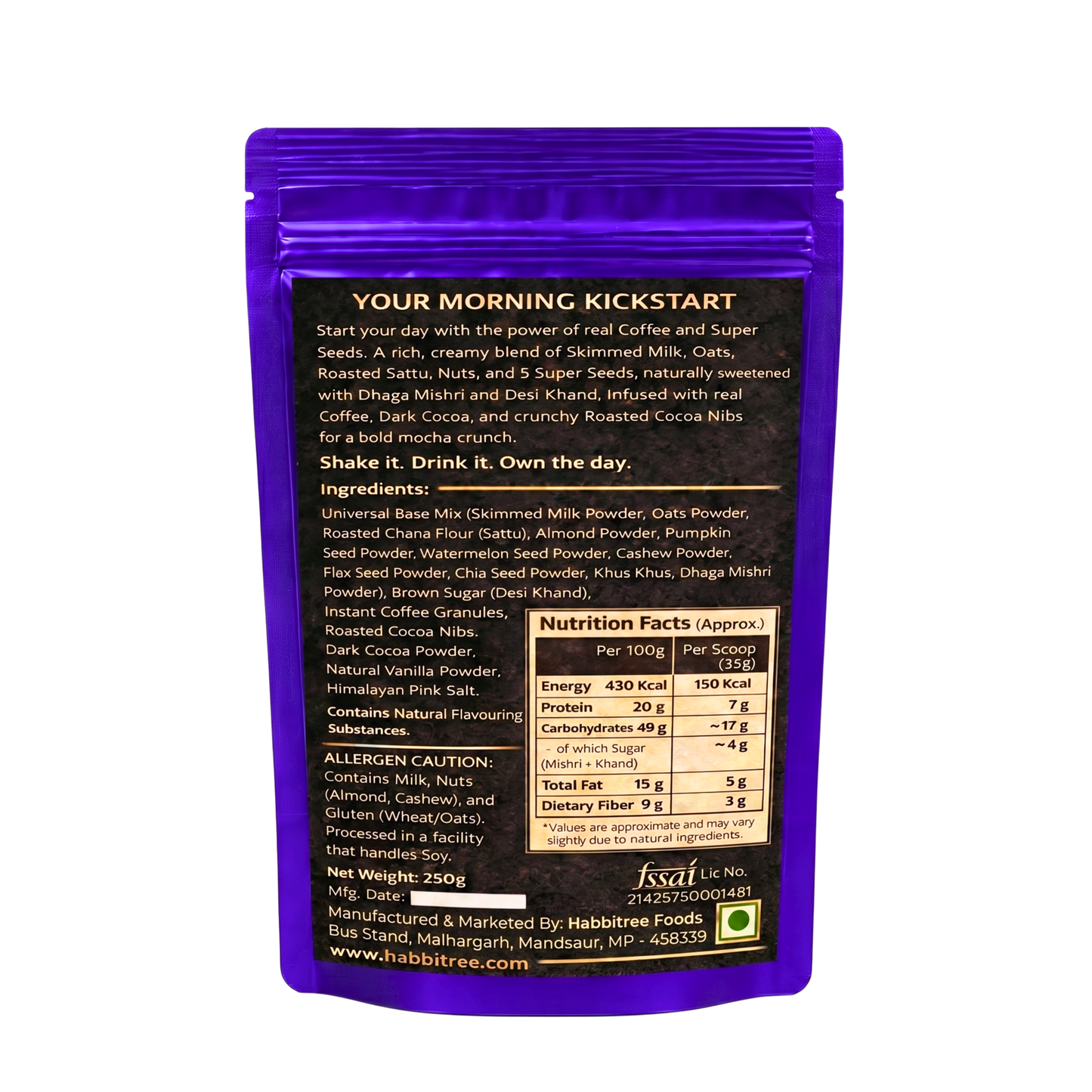 Habbitree Everyday Protein Espresso Crunch back packaging showing ingredients, nutrition facts, preparation details and FSSAI information