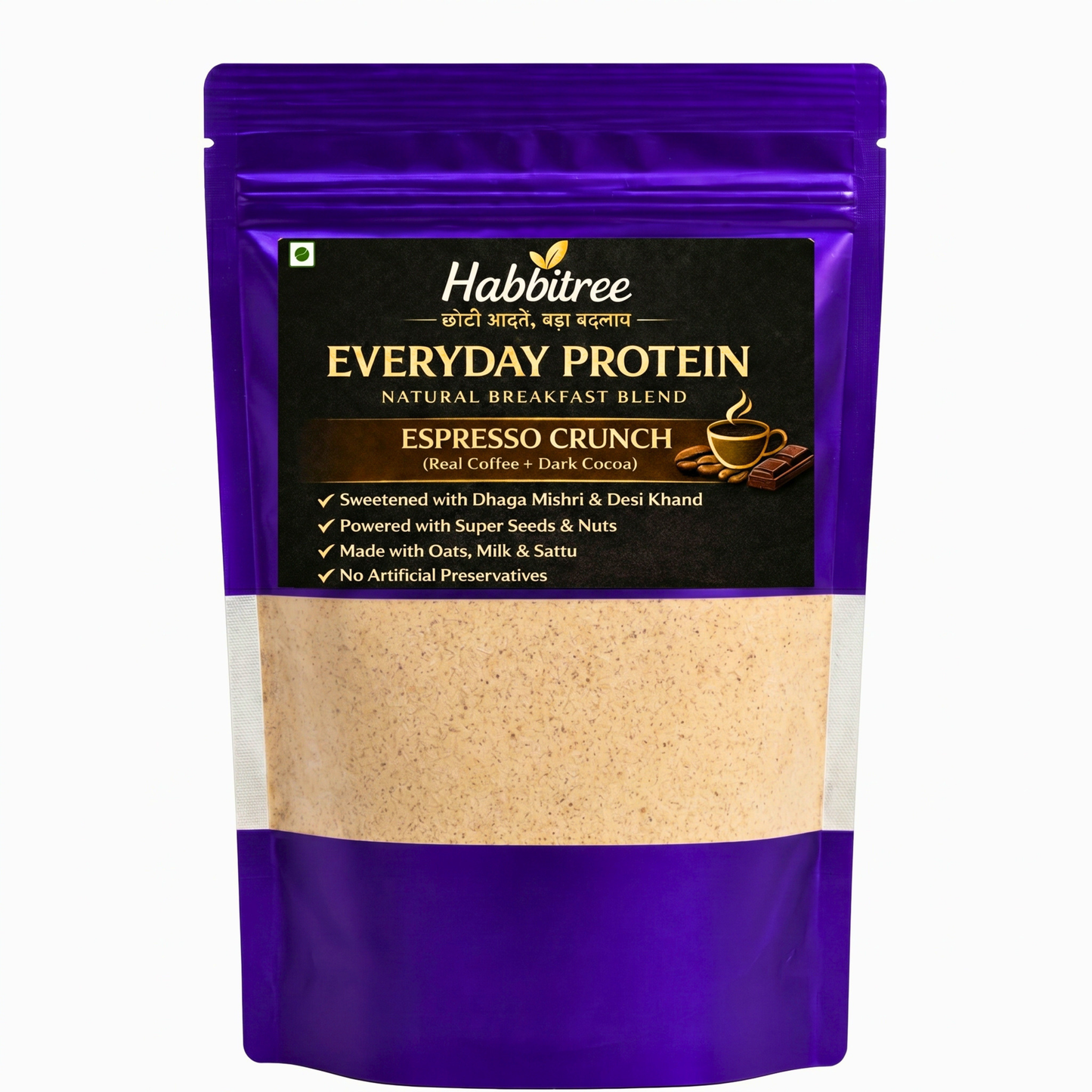 Habbitree Everyday Protein Espresso Crunch front pack with real coffee, dark cocoa, super seeds and no refined sugar breakfast nutrition blend
