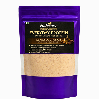 Habbitree Everyday Protein Espresso Crunch front pack with real coffee, dark cocoa, super seeds and no refined sugar breakfast nutrition blend