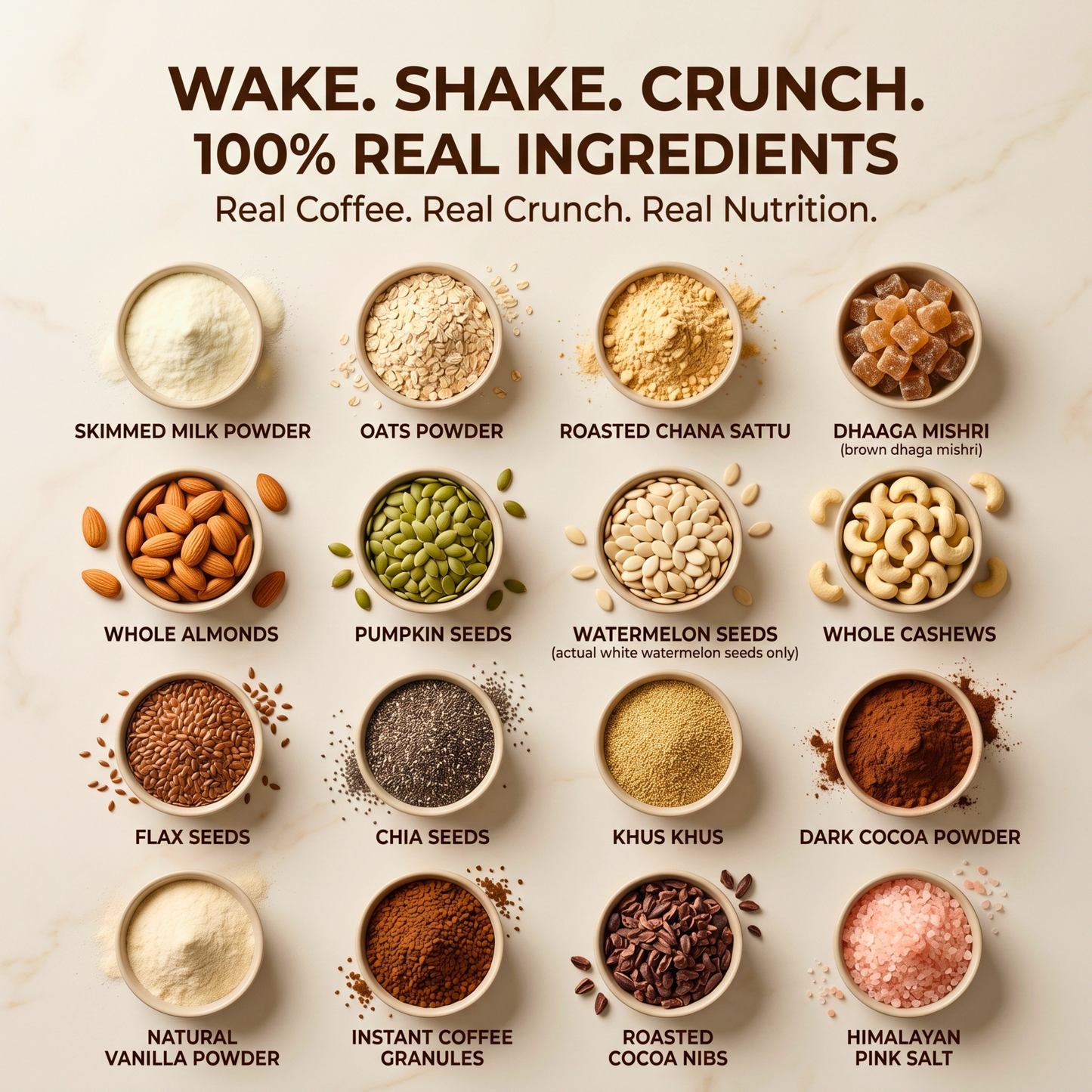 eal ingredients used in Habbitree Espresso Crunch including oats, sattu, almonds, super seeds, coffee, cocoa and natural sweeteners for everyday nutrition