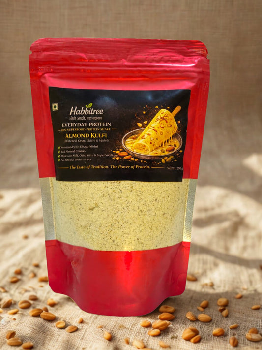 Habbitree Everyday Protein Almond Kulfi Flavour healthy protein powder with seeds and nuts front packaging
