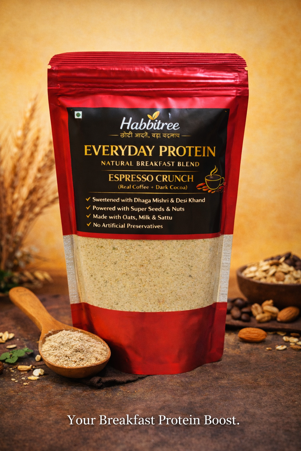 Habbitree Everyday Protein Espresso Crunch natural breakfast blend pouch with real coffee, dark cocoa, oats, super seeds and nuts displayed on rustic wooden background with espresso and almonds.