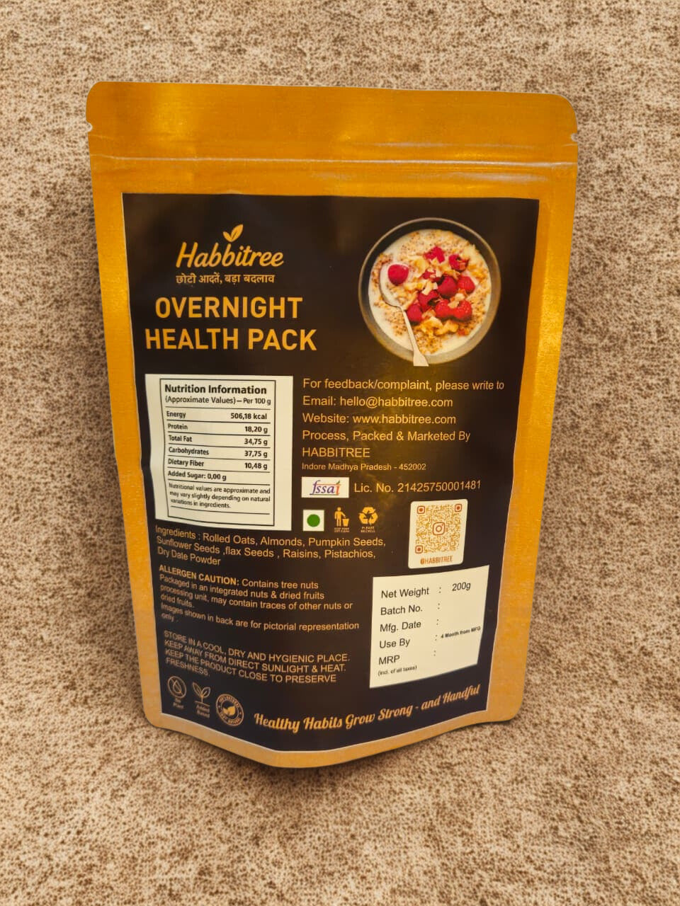 Habbitree Overnight Health Pack ingredients nutrition facts and usage instructions back packaging