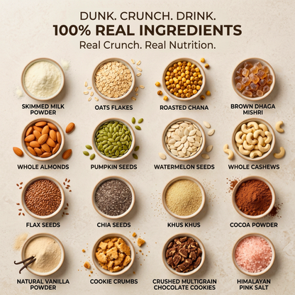 "Real ingredients used in Habbitree Cookies Crumble protein shake including oats, almonds, seeds and cocoa"