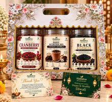 Habbitree Premium Trio Diwali Gift Hamper featuring cranberry, Cookies Crumble Daily Nutrition Mix and Black Kishmish jars with festive greeting cards