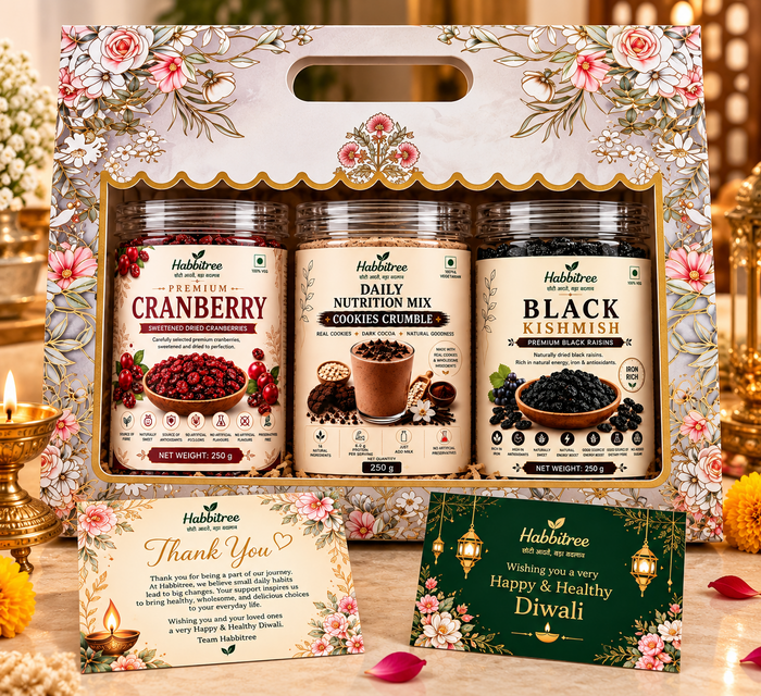 Habbitree Premium Trio Diwali Gift Hamper featuring cranberry, Cookies Crumble Daily Nutrition Mix and Black Kishmish jars with festive greeting cards