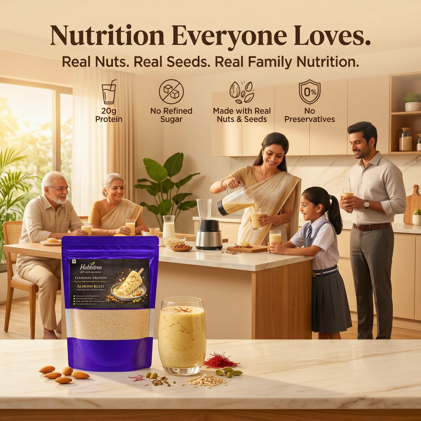 Habbitree Almond Kulfi Everyday Protein family nutrition drink with real nuts, seeds, saffron and healthy breakfast shake for all ages
