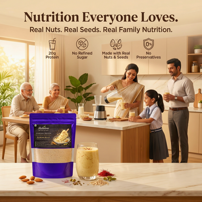 Habbitree Almond Kulfi Everyday Protein family nutrition drink with real nuts, seeds, saffron and healthy breakfast shake for all ages
