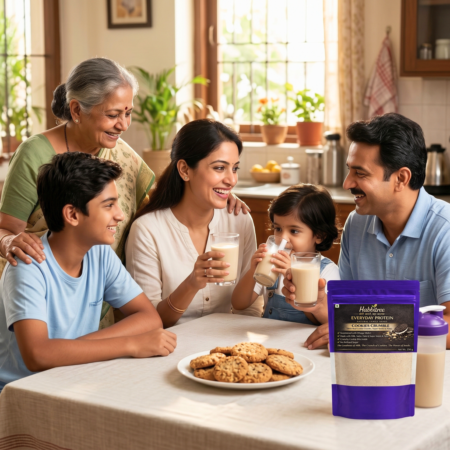 "Family enjoying Habbitree Cookies Crumble healthy nutrition drink made with nuts, seeds and protein"